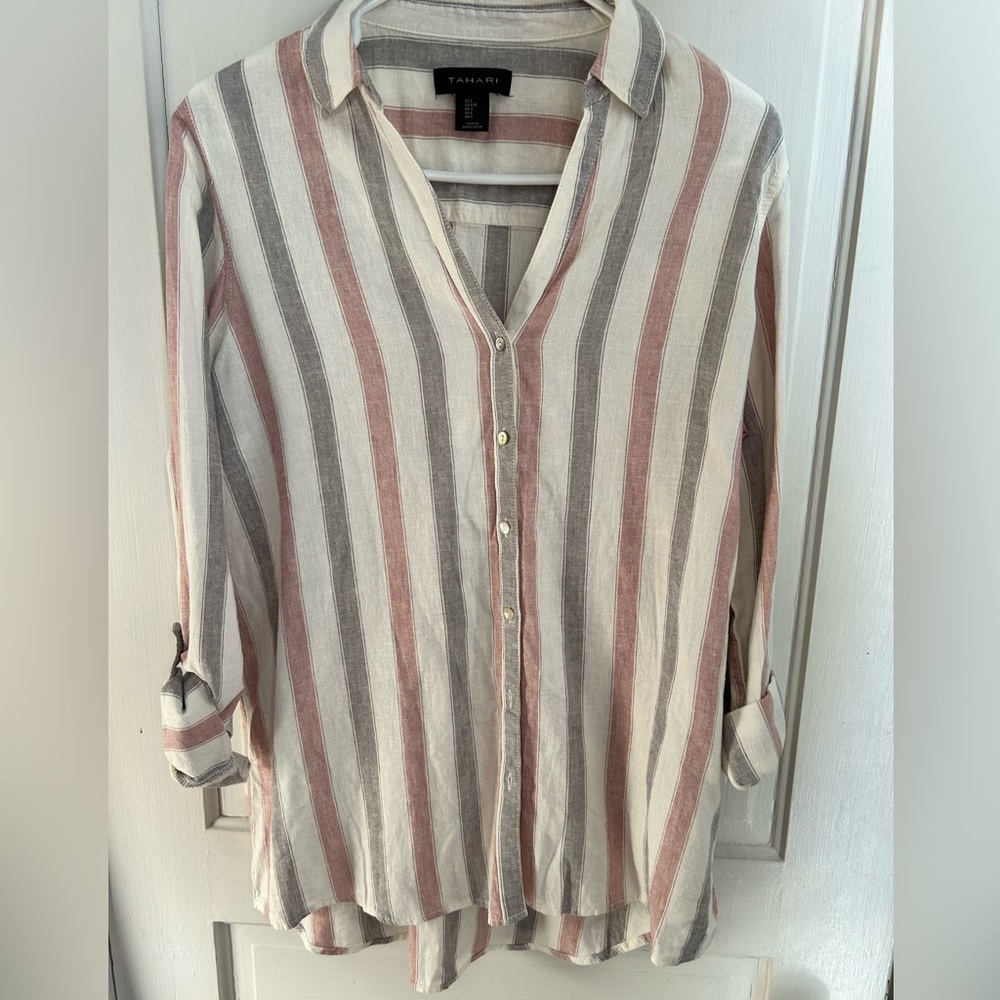 Tahari Linen Blend Roll Tab Striped LS - Coastal Button Up Tunic - High/Low - L